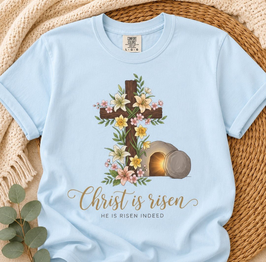 Easter "Christ Is Risen" T-Shirt — Floral Cross & Empty Tomb Christian Tee - faithcovenant