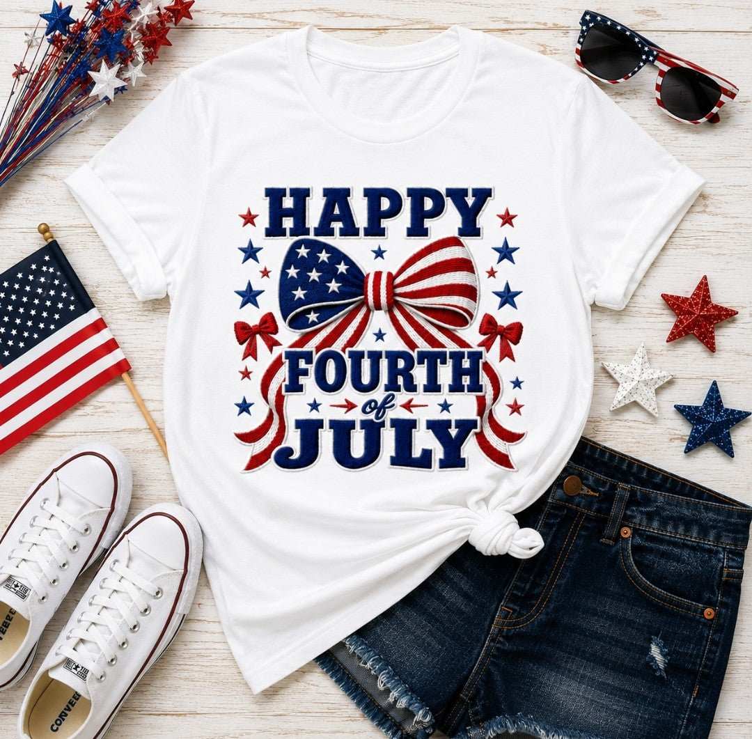 Matching Fourth of July Mom + Baby Set featuring a festive shirt with patriotic colors and designs for Independence Day.
