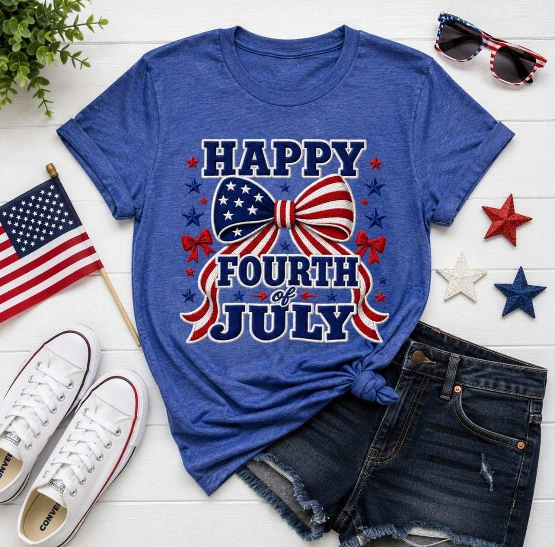 Matching Fourth of July Mom + Baby Set featuring a blue t-shirt with a festive design celebrating Independence Day.