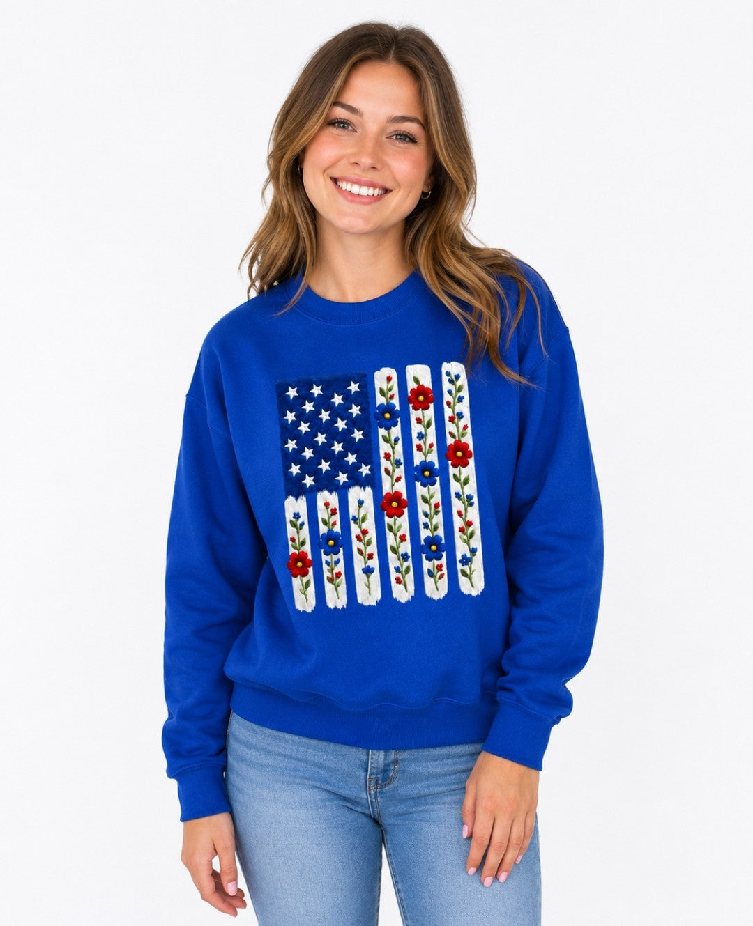 Embroidered American Flag Floral Sweatshirt