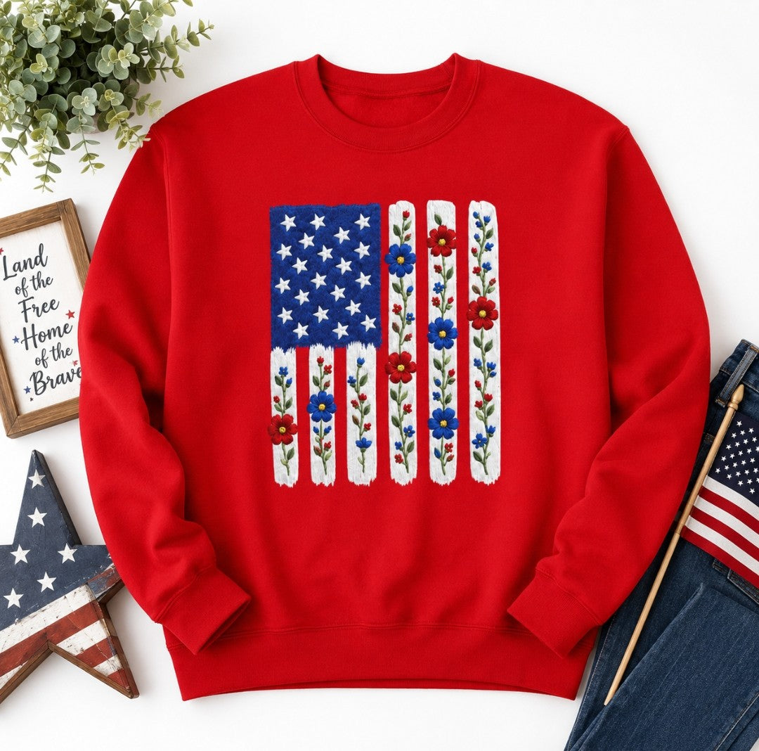 Embroidered American Flag Floral Sweatshirt