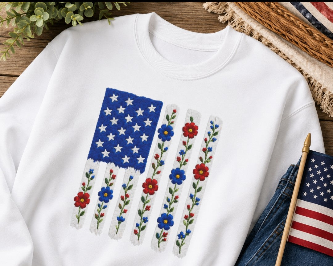 Embroidered American Flag Floral Sweatshirt