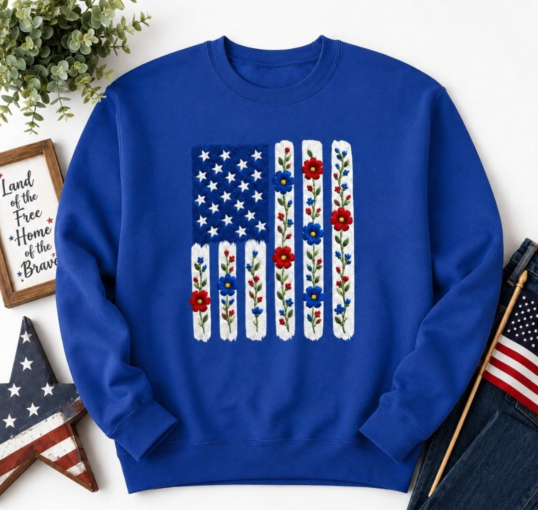 Embroidered American Flag Floral Sweatshirt