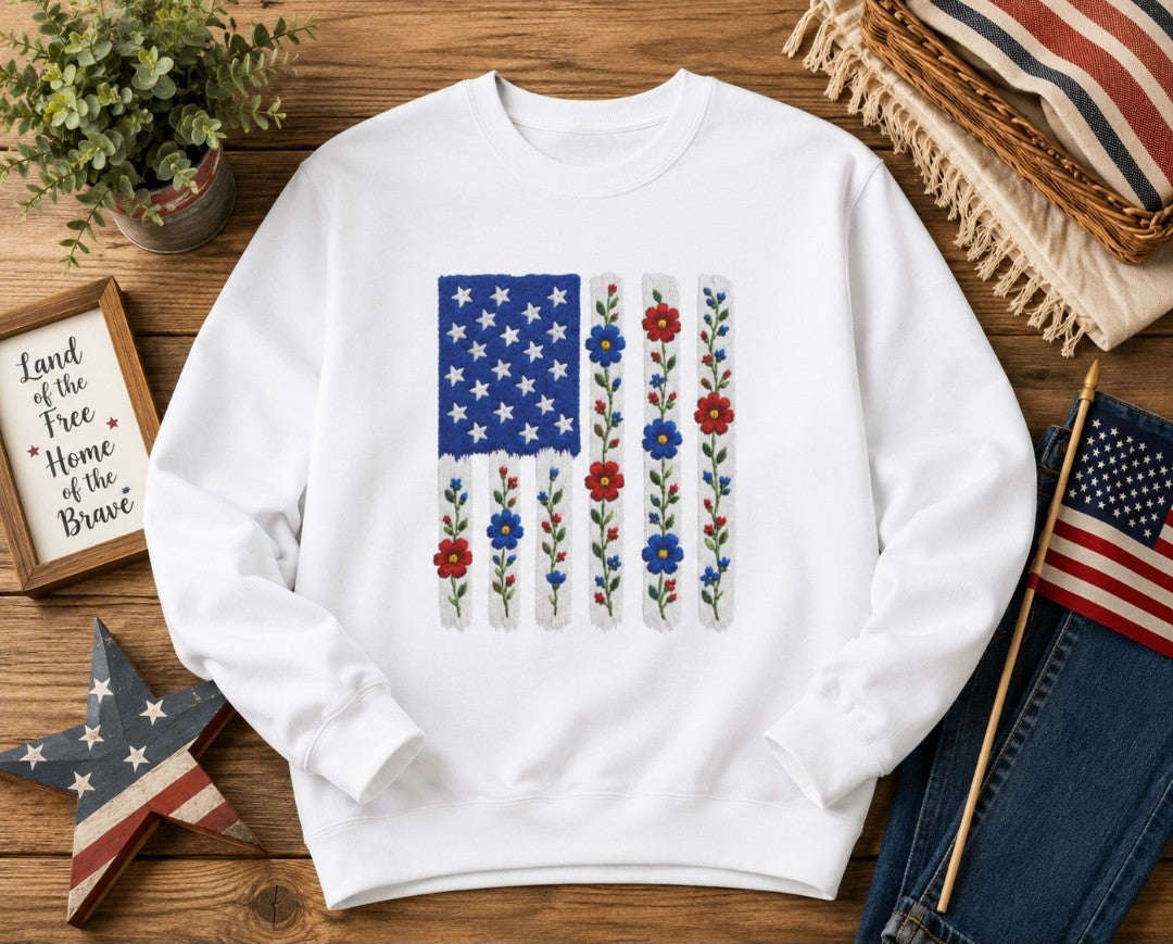 Embroidered American Flag Floral Sweatshirt