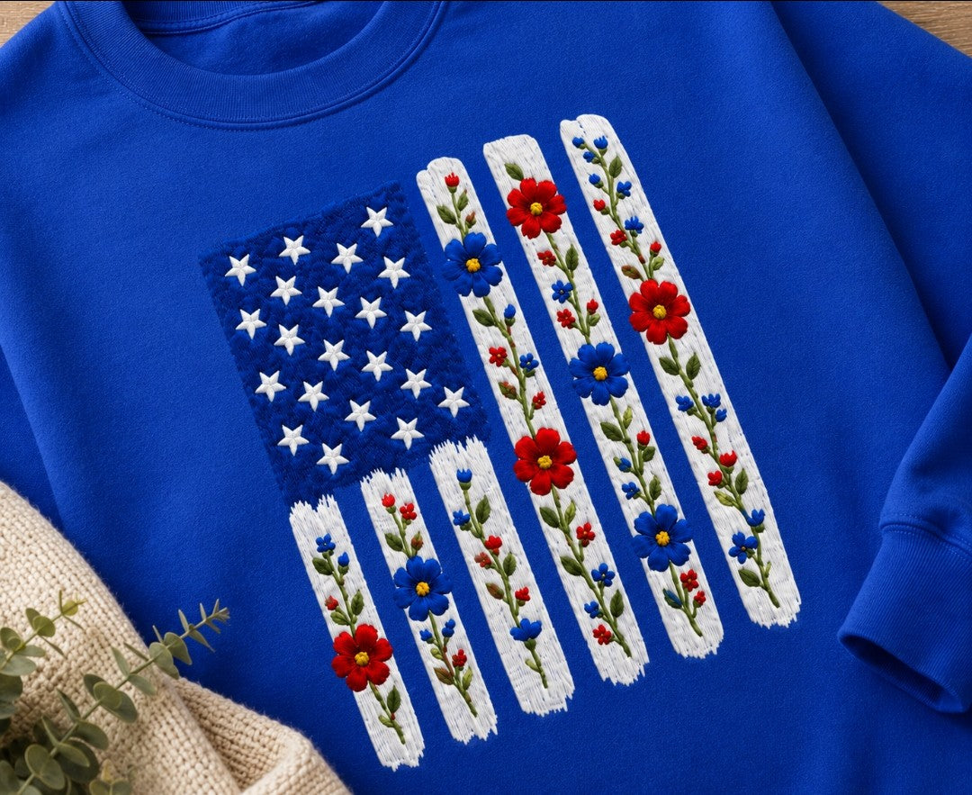 Embroidered American Flag Floral Sweatshirt