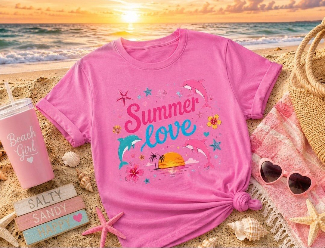 Summer Love T-Shirt — Tropical Dolphins & Sunset Graphic Tee - faithcovenant