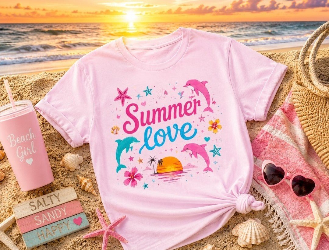 Summer Love T-Shirt — Tropical Dolphins & Sunset Graphic Tee - faithcovenant