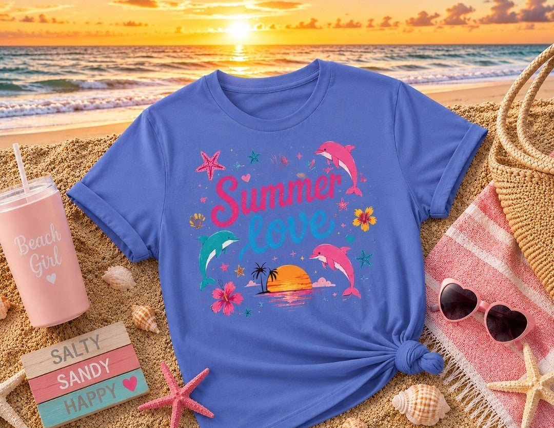 Summer Love T-Shirt — Tropical Dolphins & Sunset Graphic Tee - faithcovenant