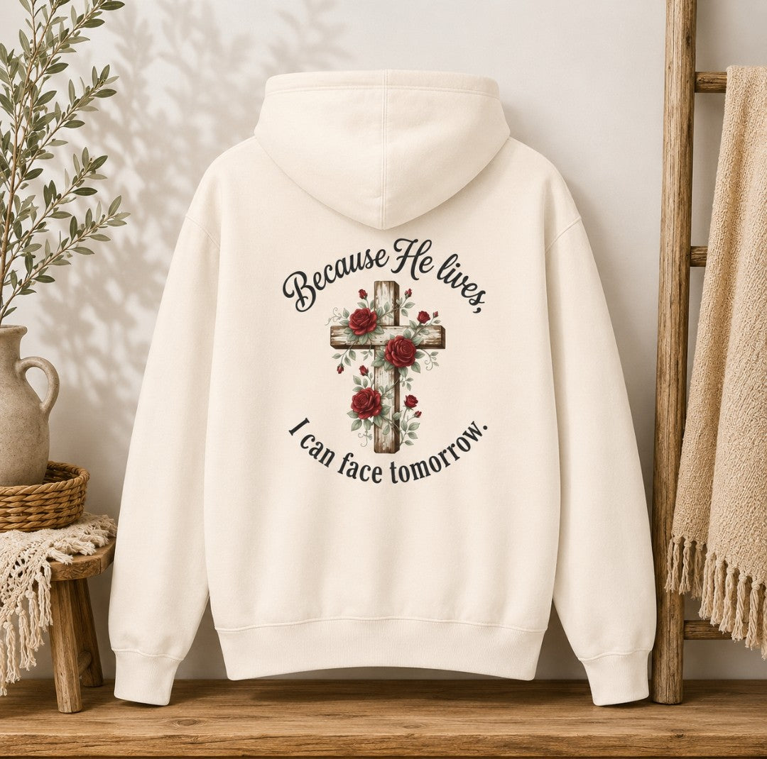 Because He Lives Cross Hoodie — Christian Faith Floral Sweatshirt