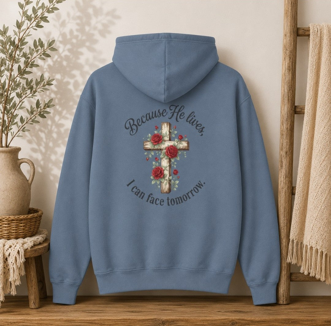 Because He Lives Cross Hoodie — Christian Faith Floral Sweatshirt