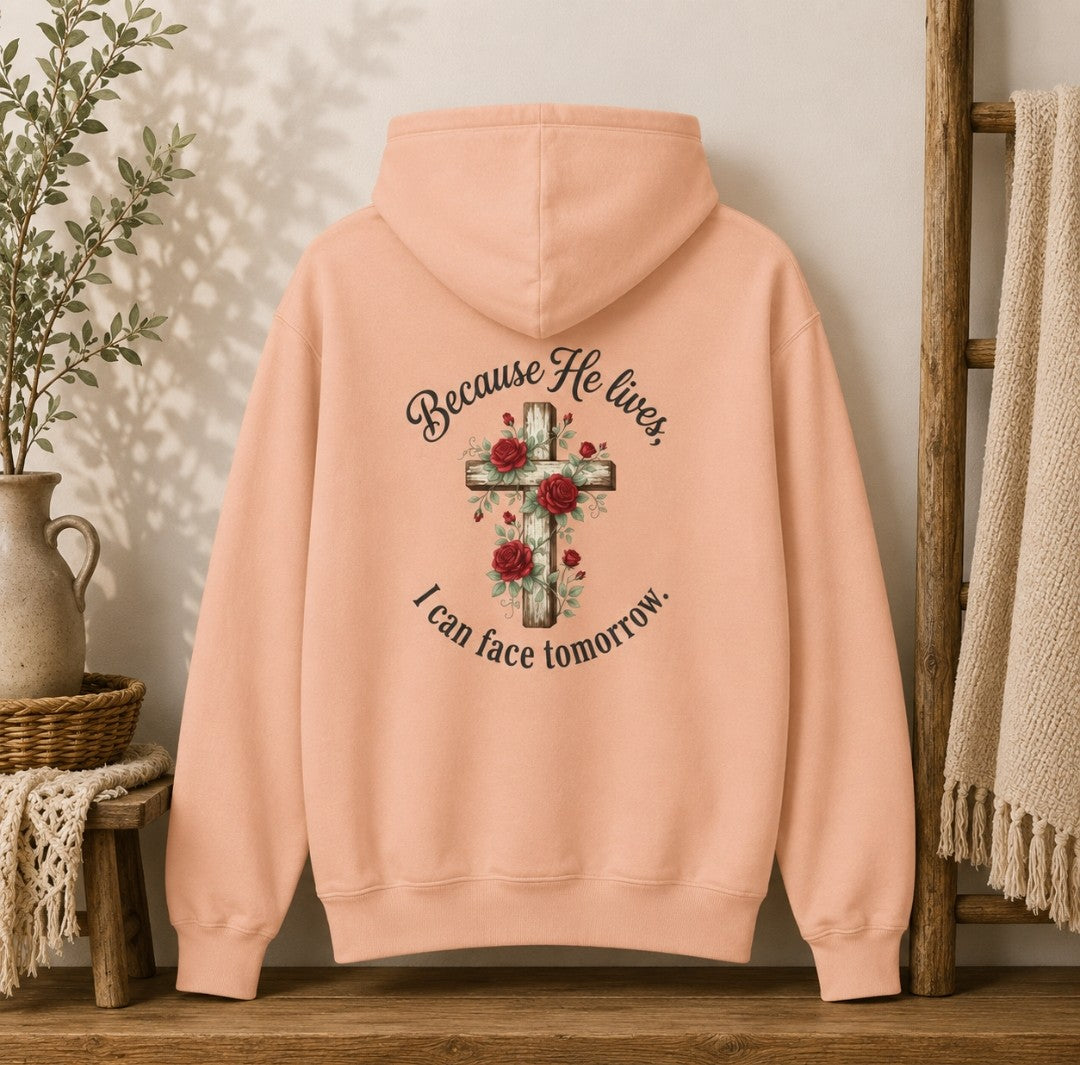 Because He Lives Cross Hoodie — Christian Faith Floral Sweatshirt