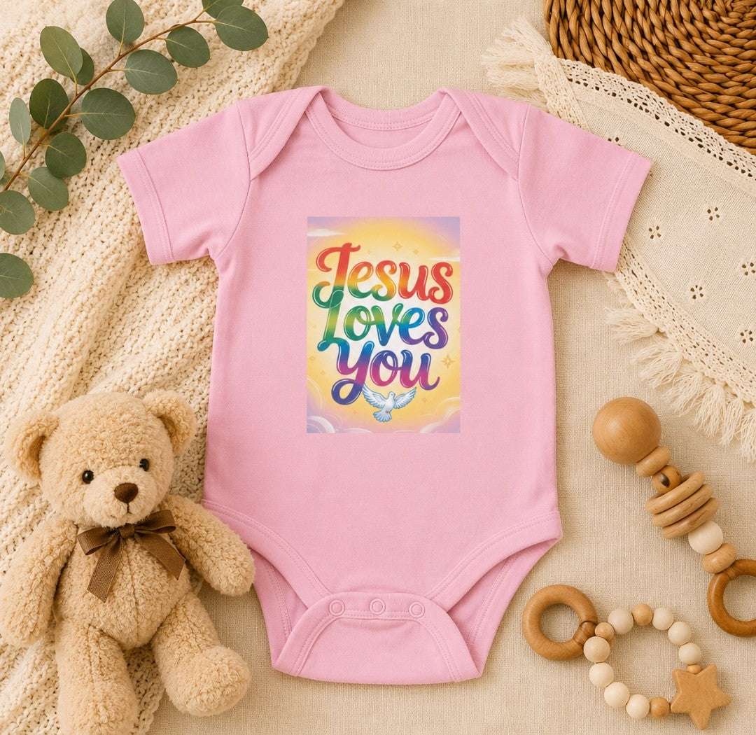 Jesus Loves You Infant bodysuit with faith message and comfortable 100% cotton fabric baby onesie