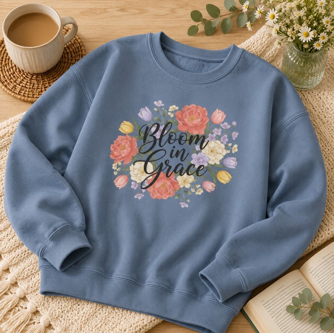 Bloom in Grace Sweatshirt — Floral Inspirational Crewneck - faithcovenant