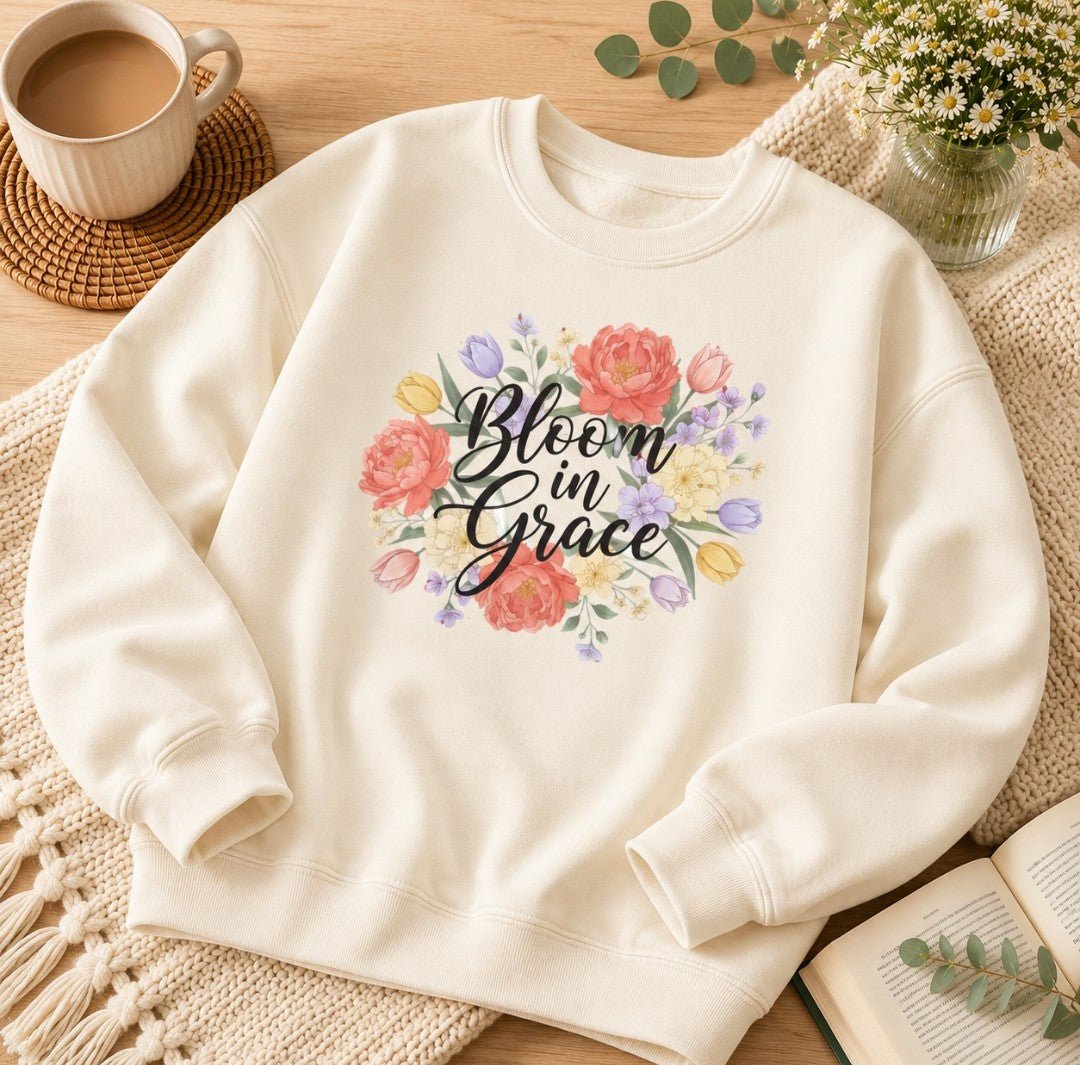 Bloom in Grace Sweatshirt — Floral Inspirational Crewneck - faithcovenant