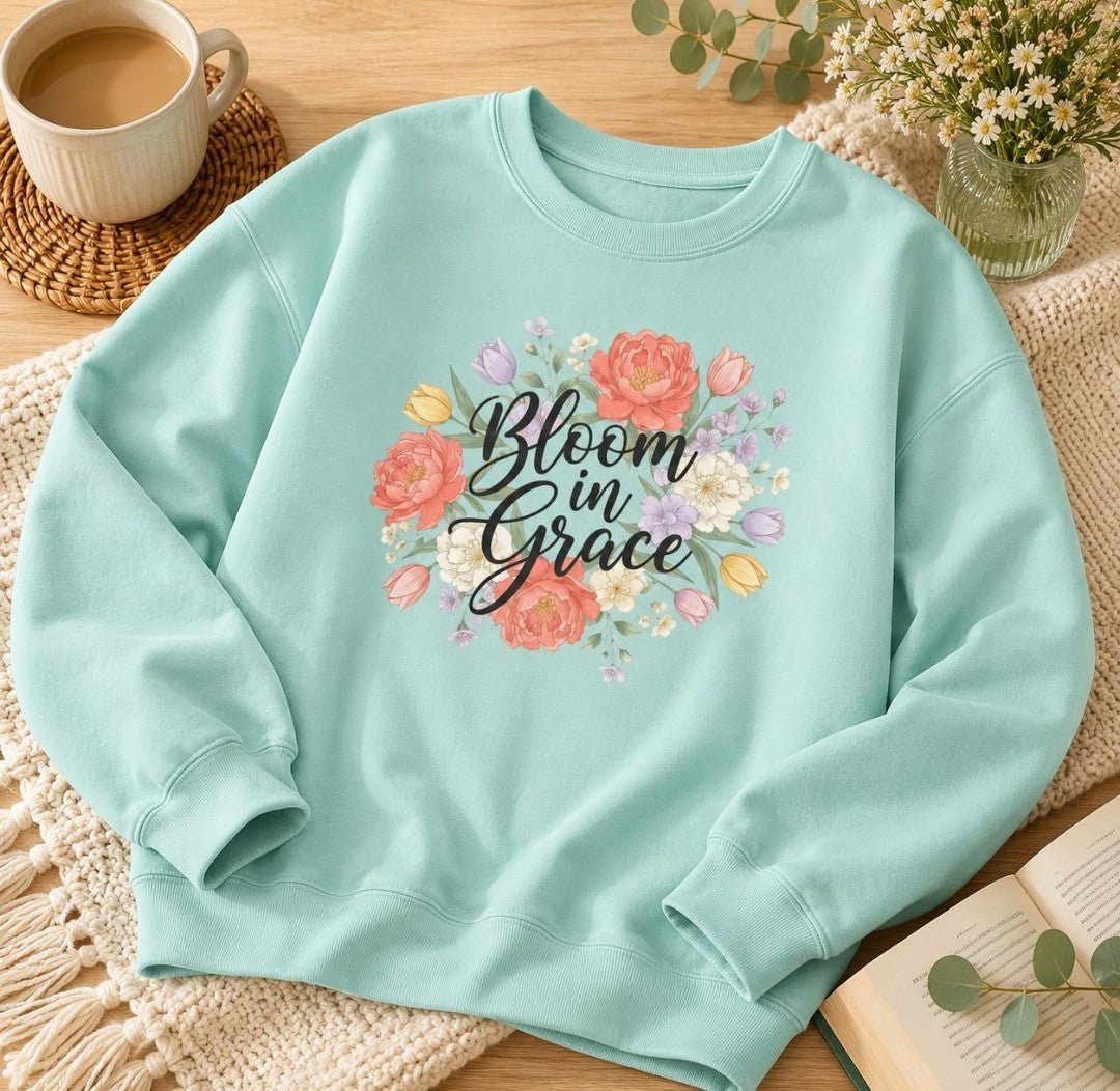 Bloom in Grace Sweatshirt — Floral Inspirational Crewneck - faithcovenant