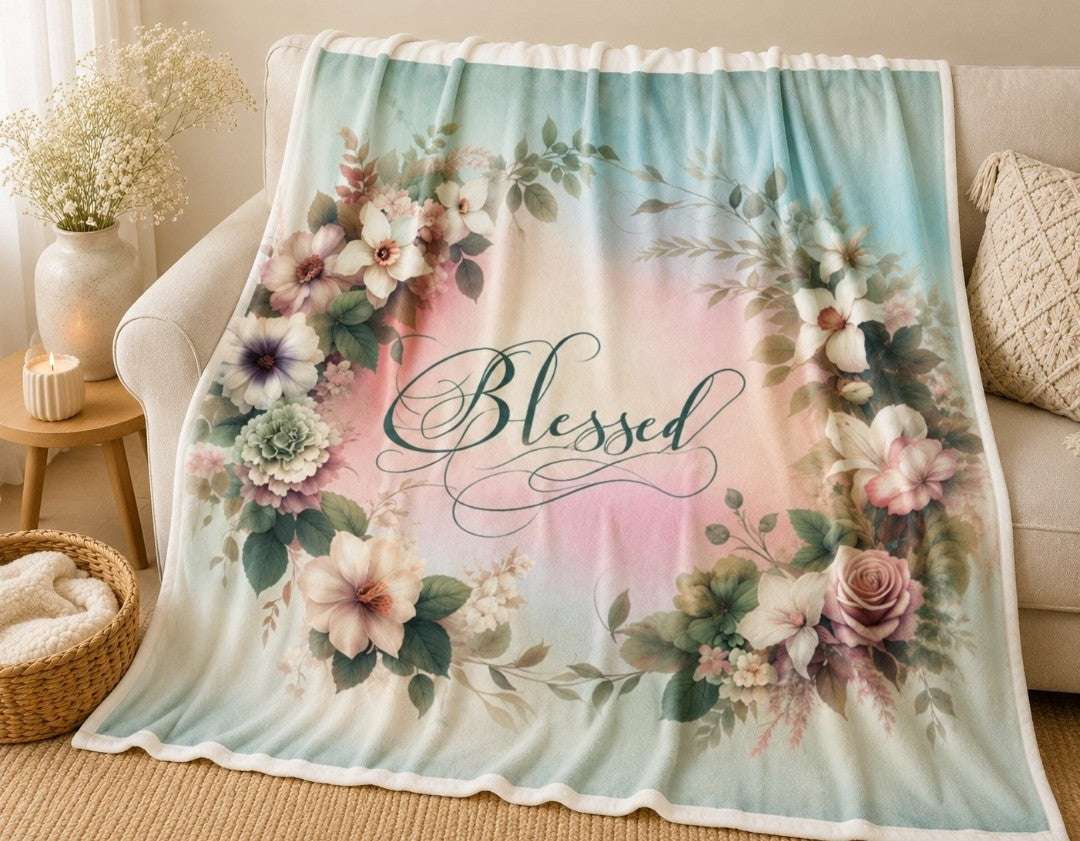 Blessed Plush Blanket, Floral Decor, Velveteen Plush - faithcovenant