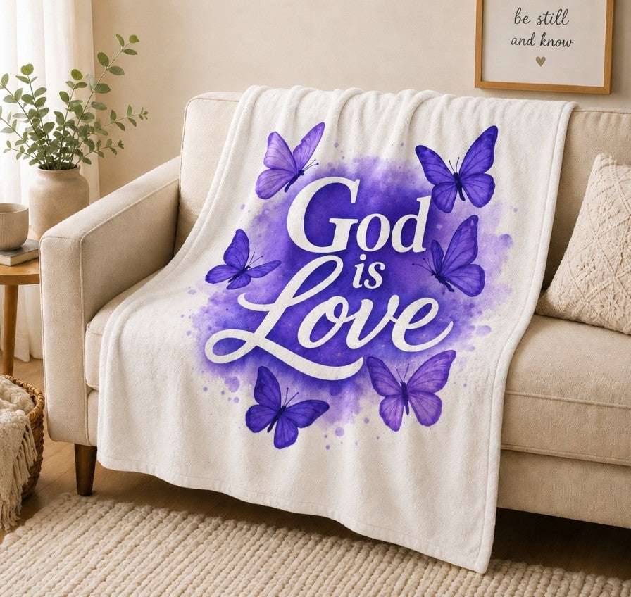 God is Love Velveteen Plush Blanket, Butterfly Design, Purple Blanket - faithcovenant