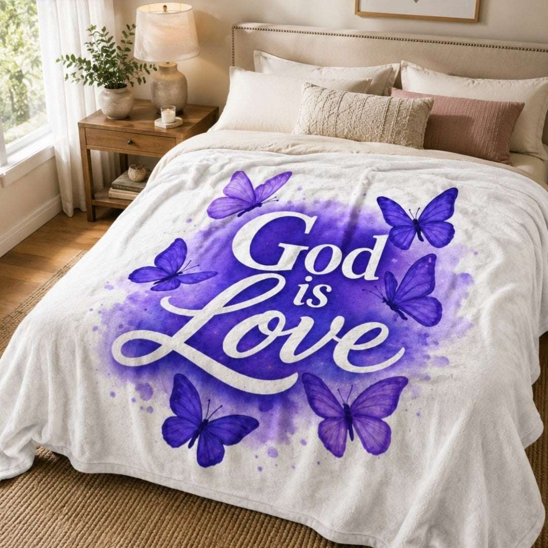 God is Love Velveteen Plush Blanket, Butterfly Design, Purple Blanket - faithcovenant