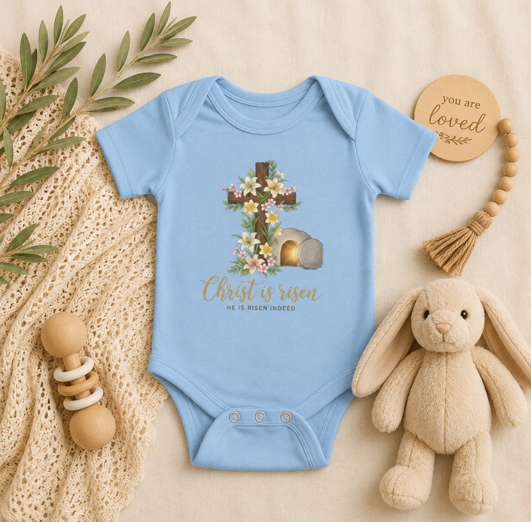 Infant Bodysuit - "Christ Is Risen" Easter Cross Floral Baby Onesie - faithcovenant
