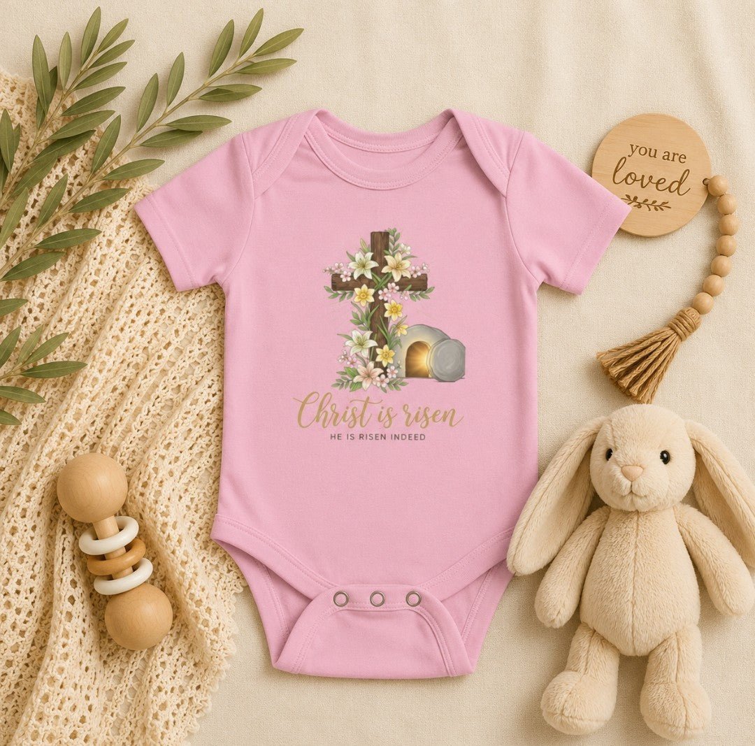 Infant Bodysuit - "Christ Is Risen" Easter Cross Floral Baby Onesie - faithcovenant