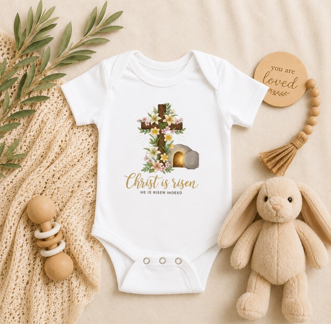Infant Bodysuit - "Christ Is Risen" Easter Cross Floral Baby Onesie - faithcovenant