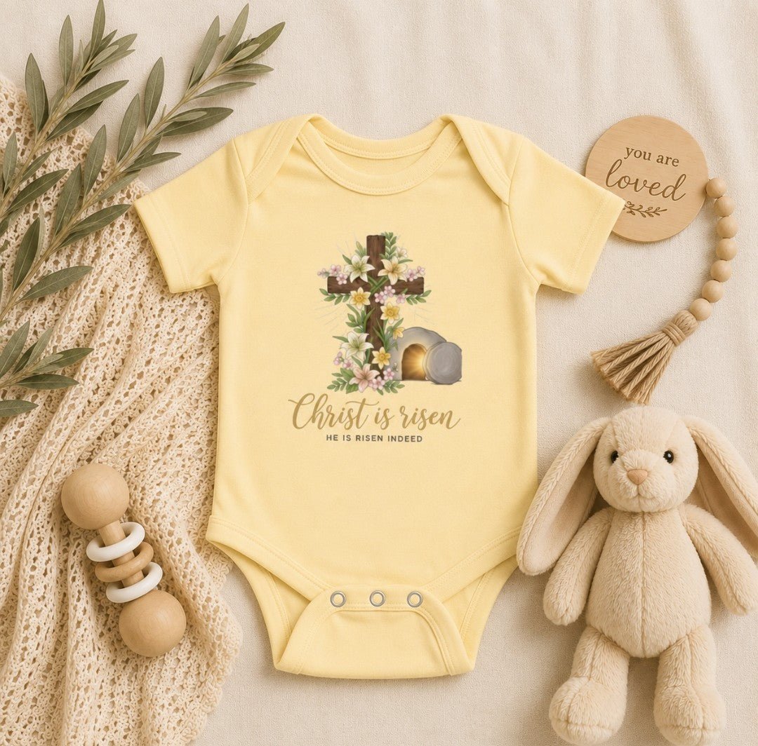 Infant Bodysuit - "Christ Is Risen" Easter Cross Floral Baby Onesie - faithcovenant