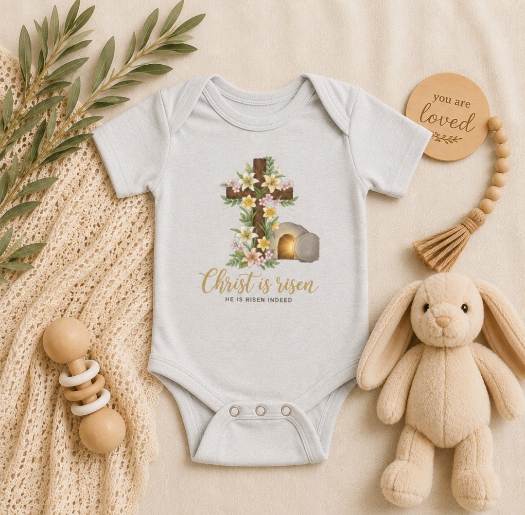 Infant Bodysuit - "Christ Is Risen" Easter Cross Floral Baby Onesie - faithcovenant