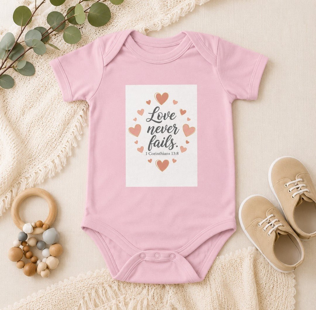 Love Never Fails Infant Bodysuit — Baby Onesie with Inspirational Christian Message - faithcovenant