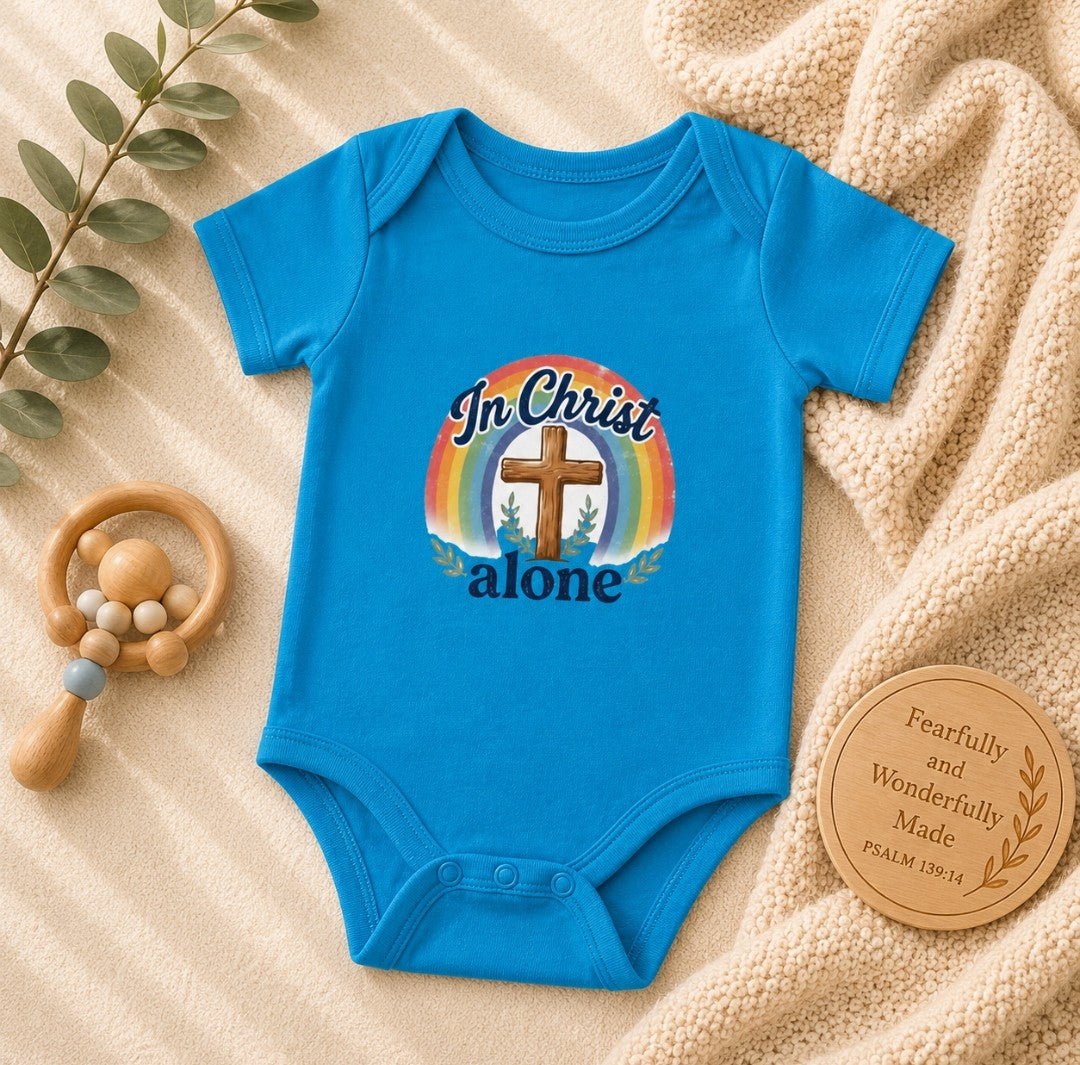 Infant Bodysuit - "In Christ Alone" Cross Rainbow Christian Baby Onesie - faithcovenant