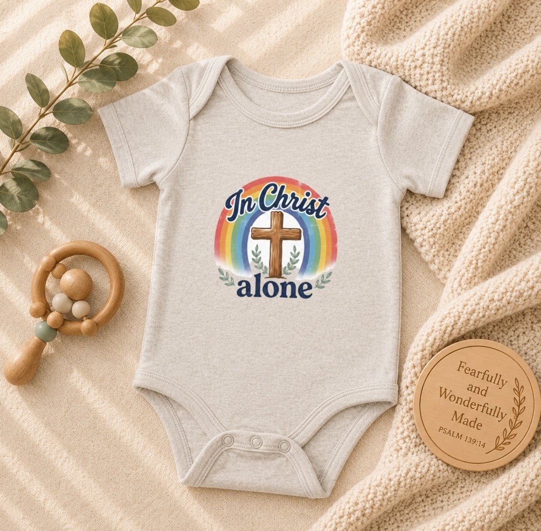 Infant bodysuit with "In Christ Alone" cross and rainbow design, soft ribbed cotton, lap shoulder, and three-snap closure for easy dressing.
