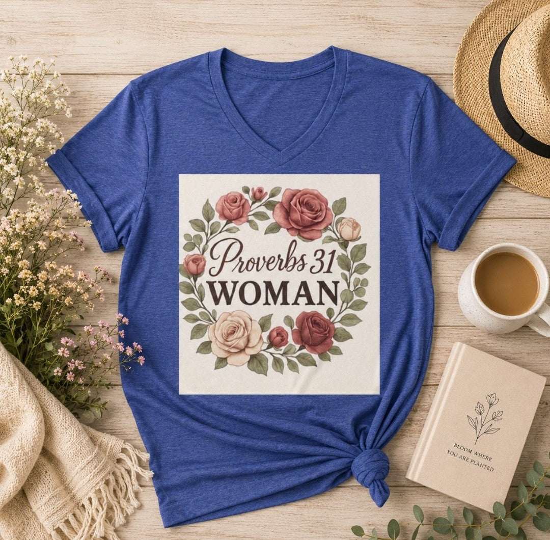 Proverbs 31 Woman V-Neck Tee, Floral Tee, Scripture Shirt - faithcovenant