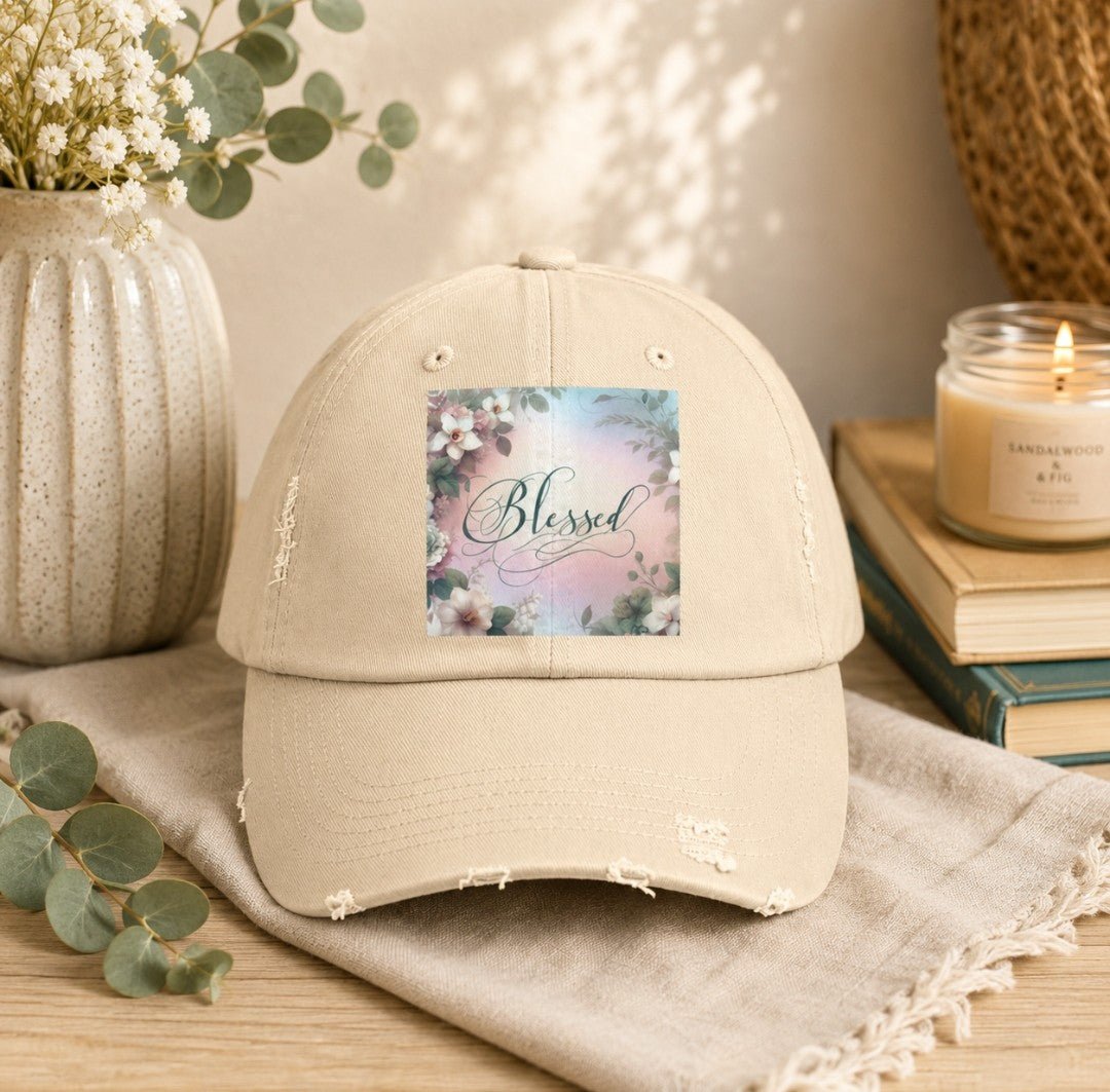 Blessed Distressed Cap, Floral Cap, Casual Wear - faithcovenant