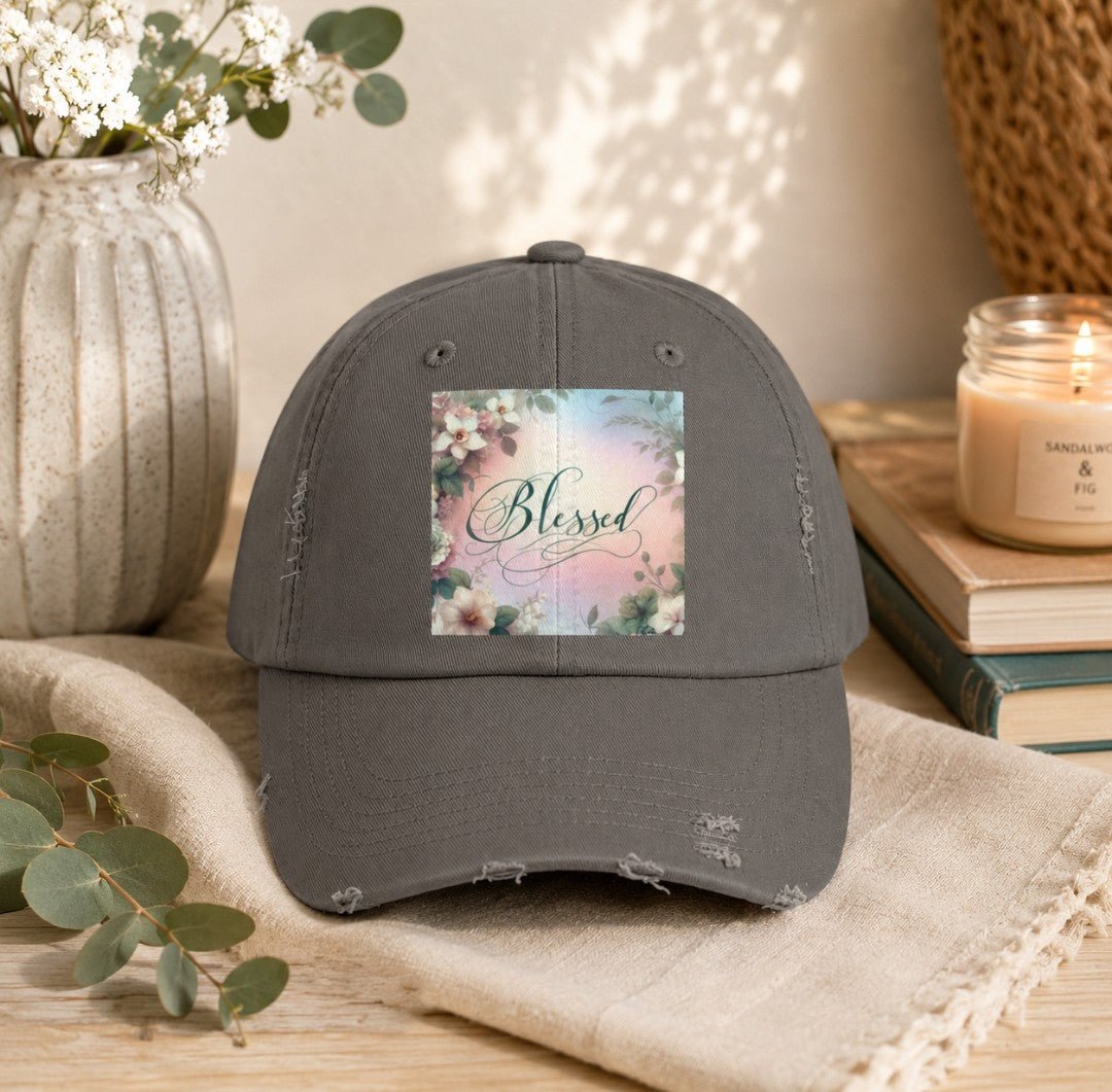 Blessed Distressed Cap, Floral Cap, Casual Wear - faithcovenant
