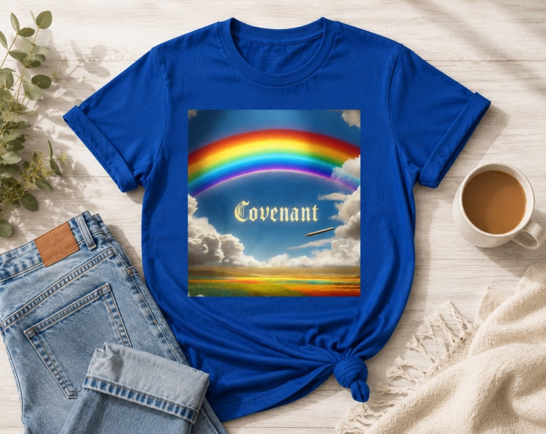 Woman wearing Covenant Rainbow Tee Christian faith shirt with rainbow design