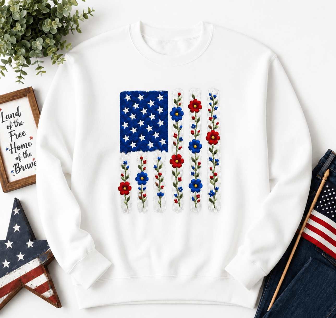 Embroidered American Flag Floral Sweatshirt - faithcovenant