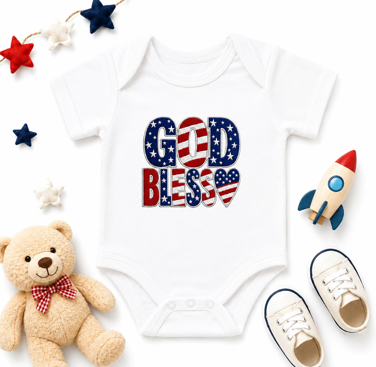God Bless Patriotic Infant Bodysuit — Embroidered American Onesie