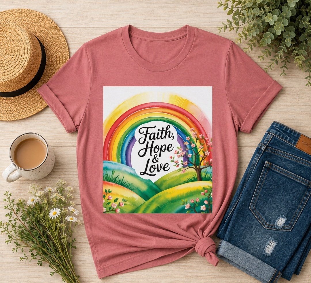 Faith, Hope & Love, Rainbow Graphic Tee, Faith Shirt - faithcovenant