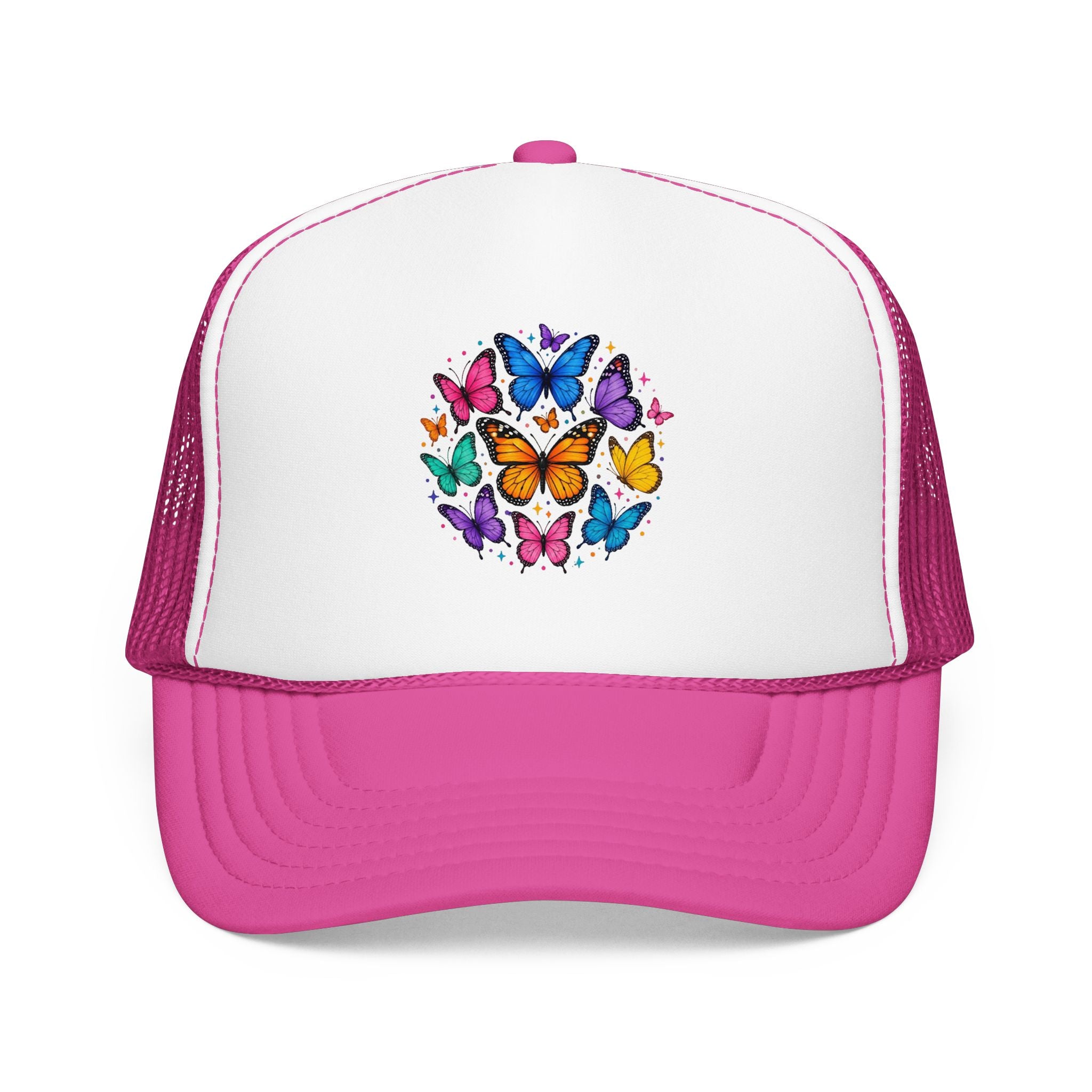 Butterfly Circle Trucker Hat featuring a colorful butterfly design on a pink mesh cap.