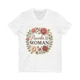 Proverbs 31 Woman V-Neck Tee, Floral Tee, Scripture Shirt Printify