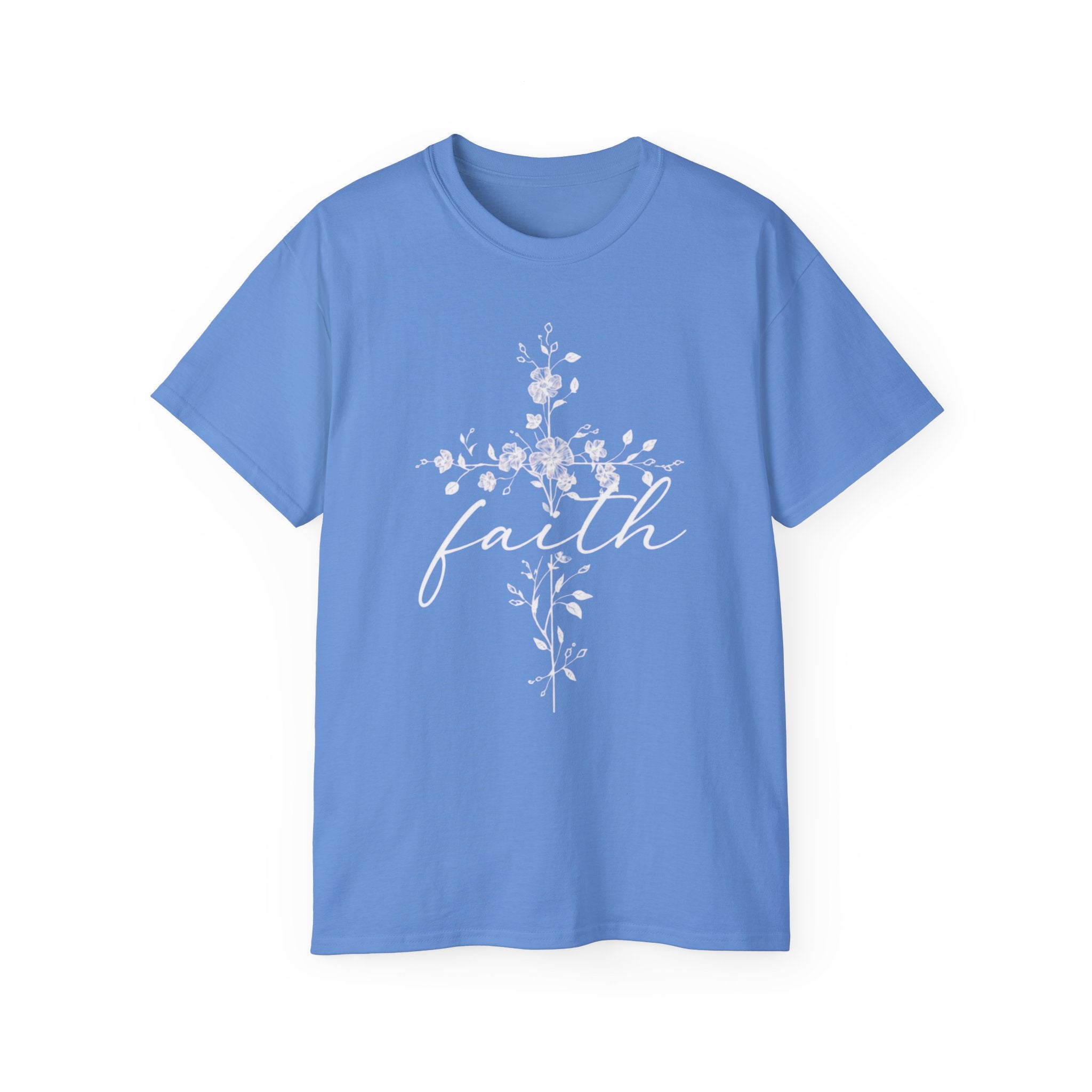 Faith Floral Cross T-Shirt for Women featuring a floral cross design on a blue background.