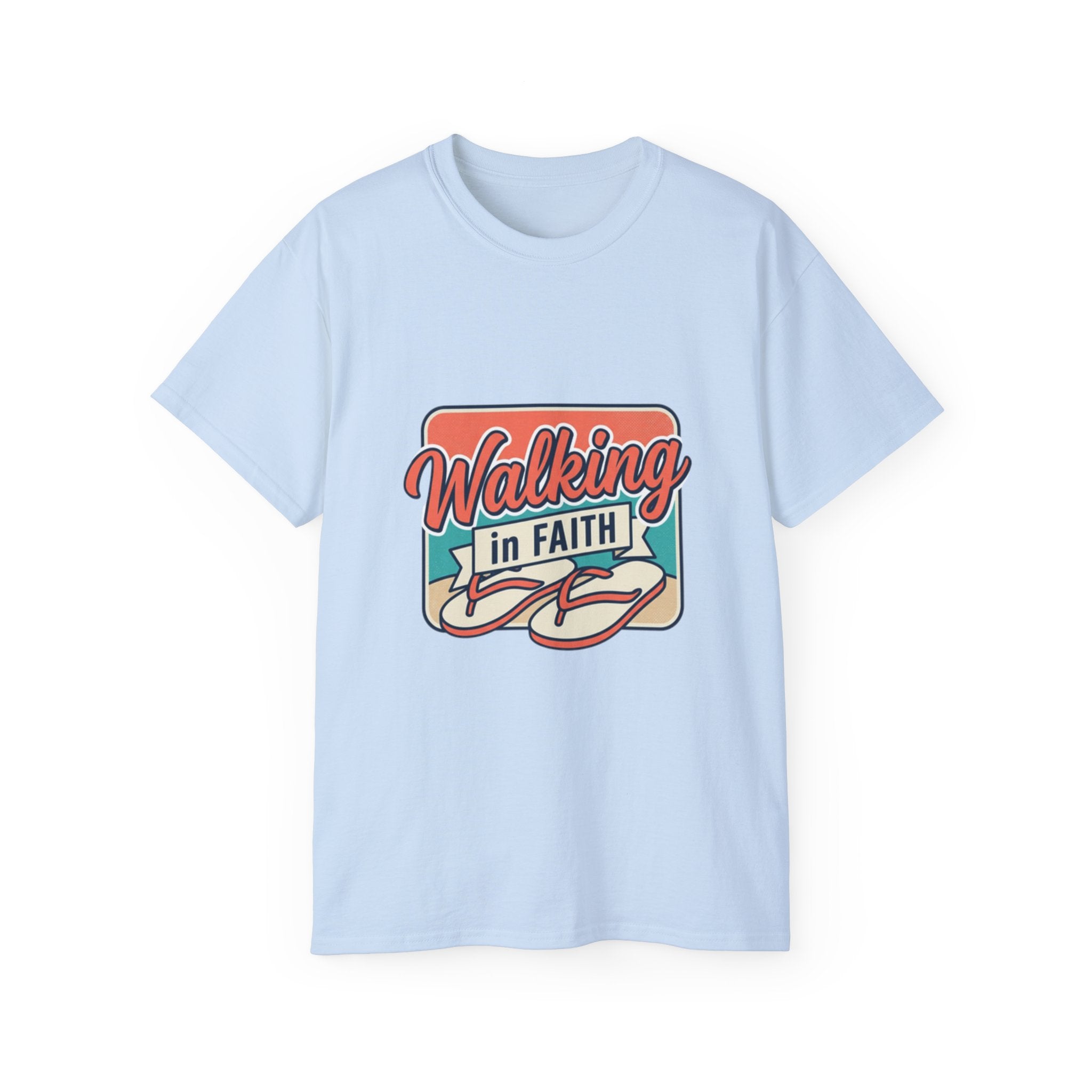 Walking in Faith Beach T-Shirt featuring a colorful faith-inspired design on a light blue background.