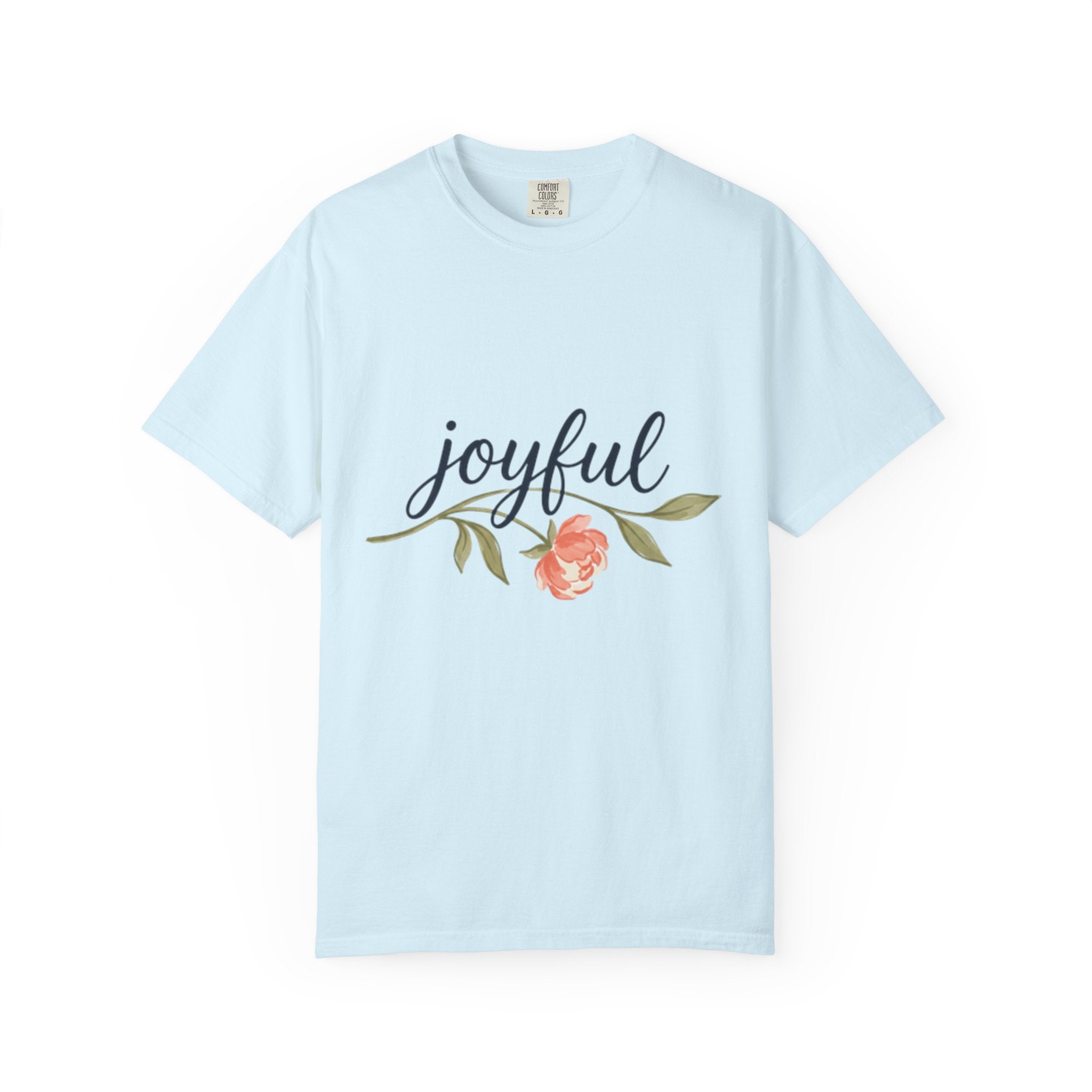 Joyful Flower T-Shirt for Women featuring a light blue design with floral graphic and the word 'joyful'.
