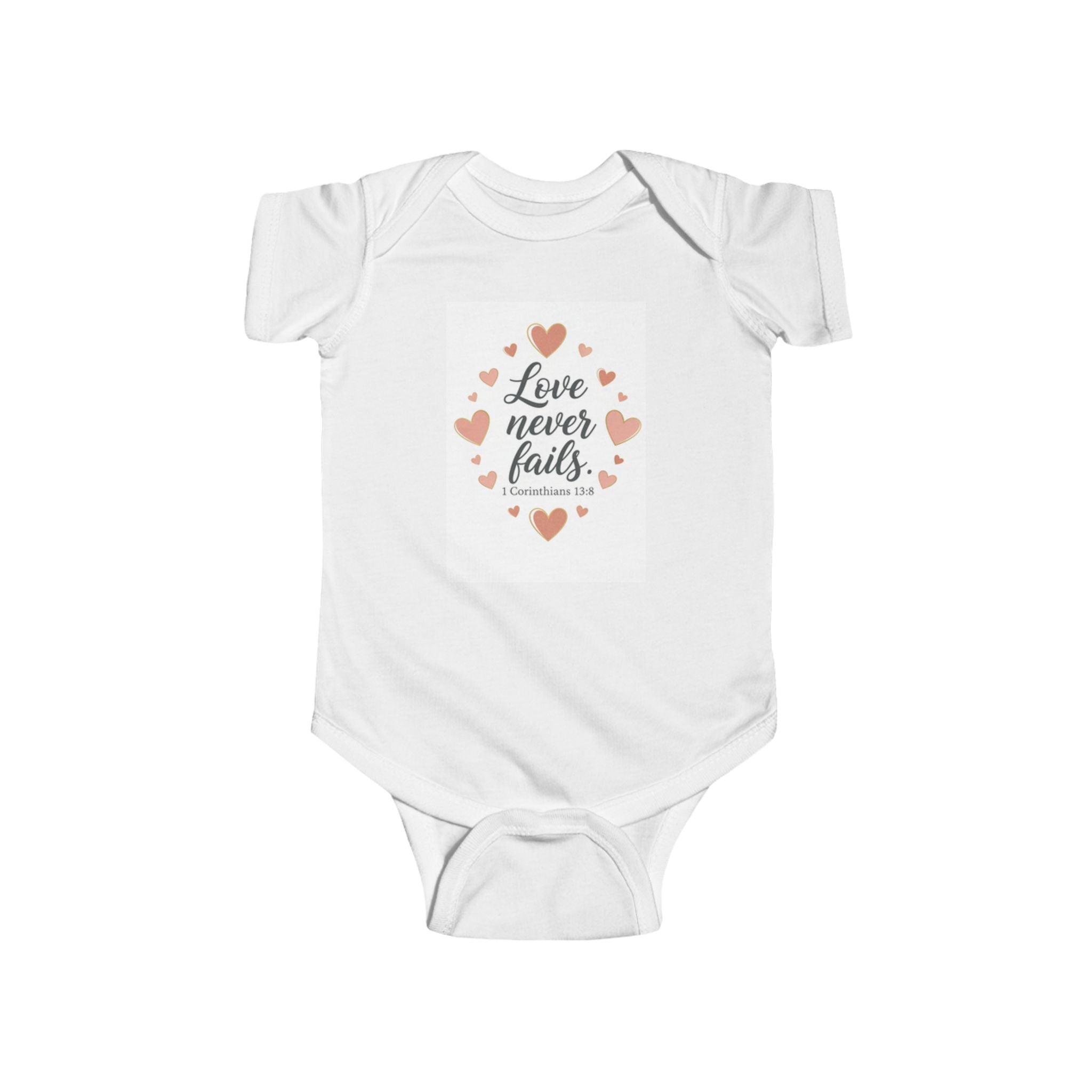 Love Never Fails Infant Bodysuit — Baby Onesie with Inspirational Christian Message