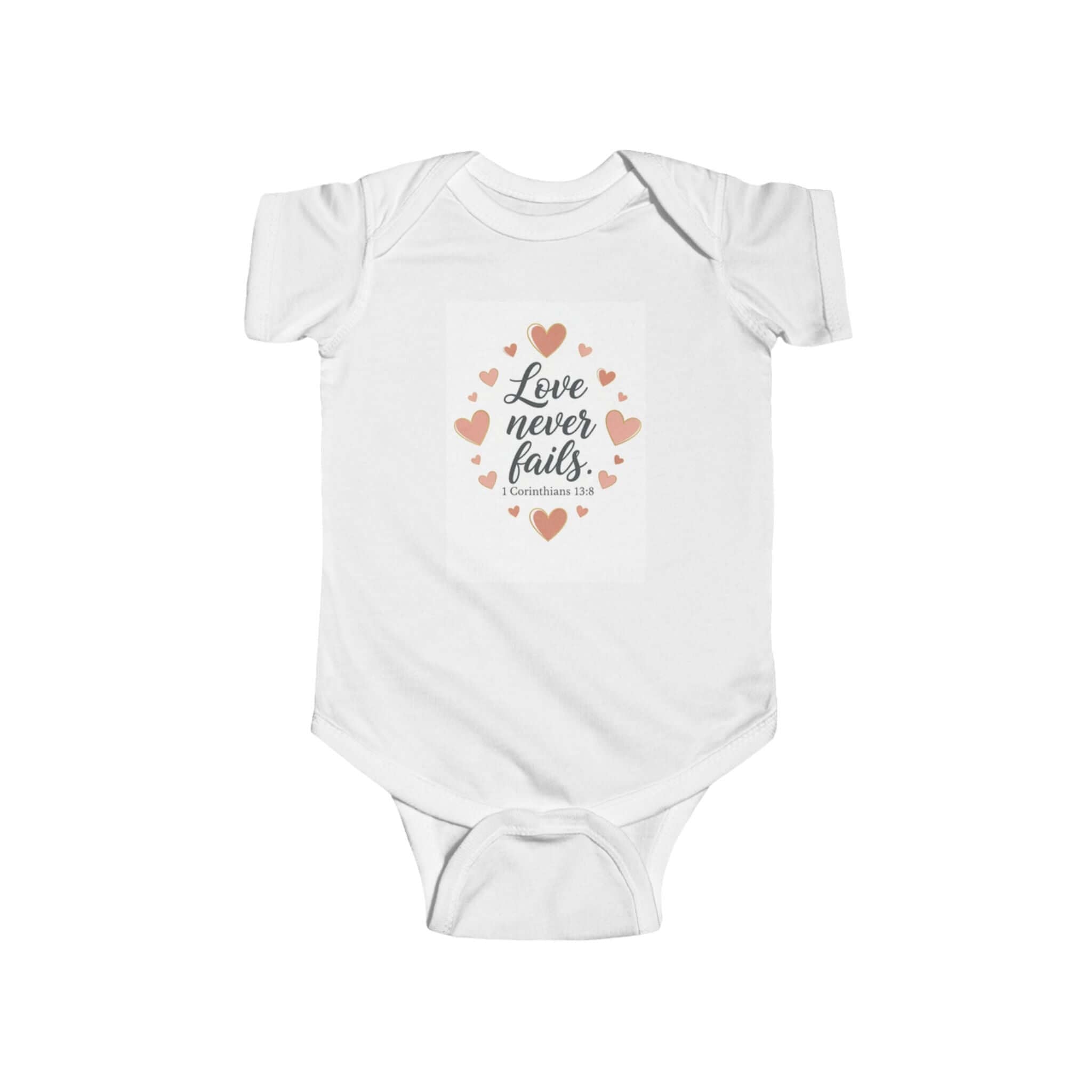Love Never Fails Matching Mom + Baby Bundle white baby onesie with heart design.