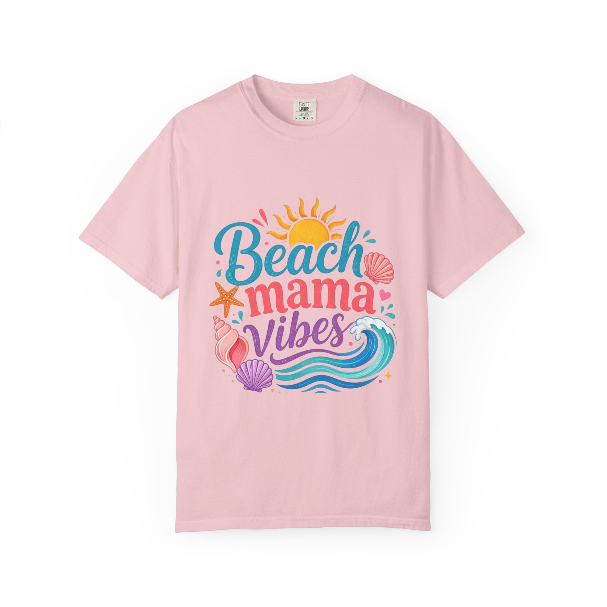 Beach Mama T-Shirt — Women's Coastal Mom Tee in pink with colorful beach-themed graphics.