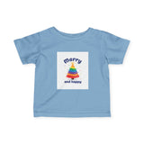 Infant Tee — "Merry and Happy" Rainbow Tree Holiday Baby Shirt Printify