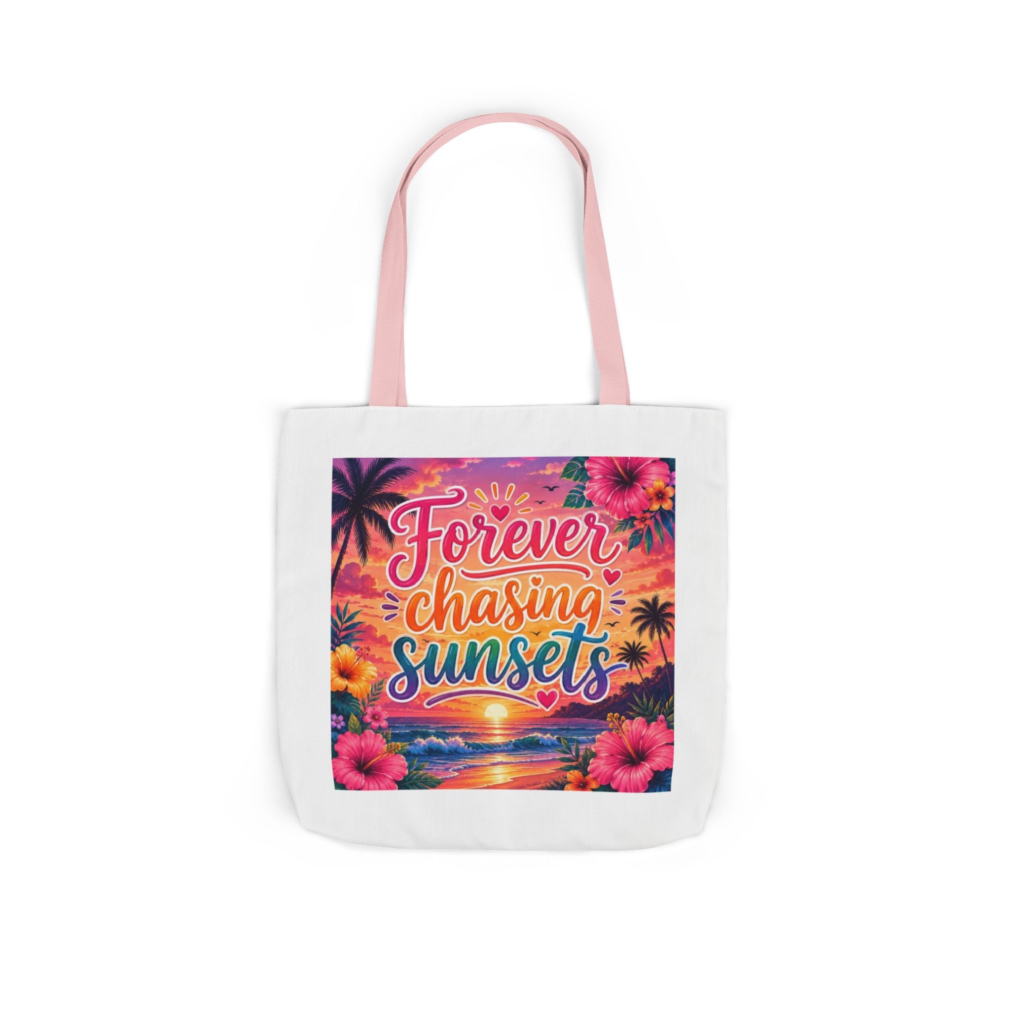 Forever Chasing Sunsets Canvas Tote — Beach Sunset Tote Bag with Colorful Straps