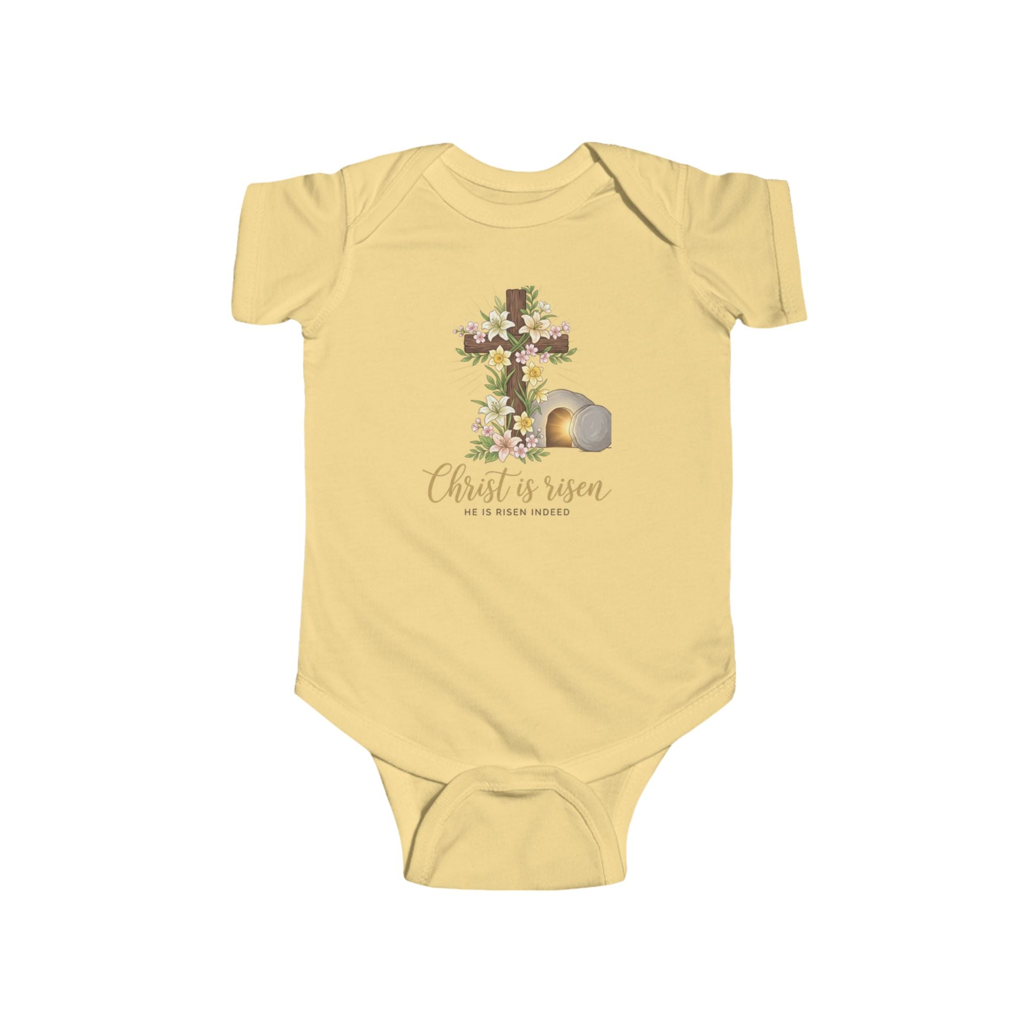 Infant Bodysuit - "Christ Is Risen" Easter Cross Floral Baby Onesie - faithcovenant