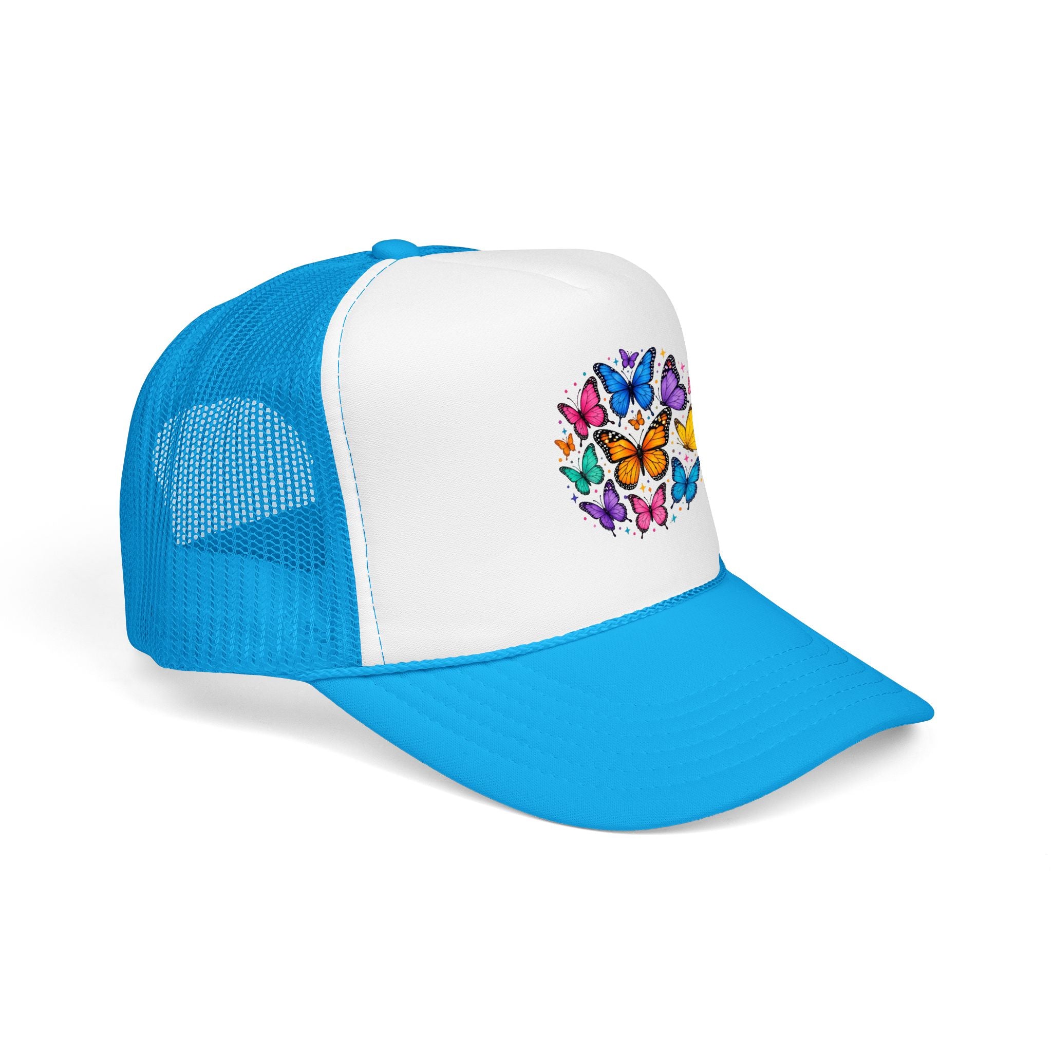 Butterfly Circle Trucker Hat with blue mesh and colorful butterfly design on the front.