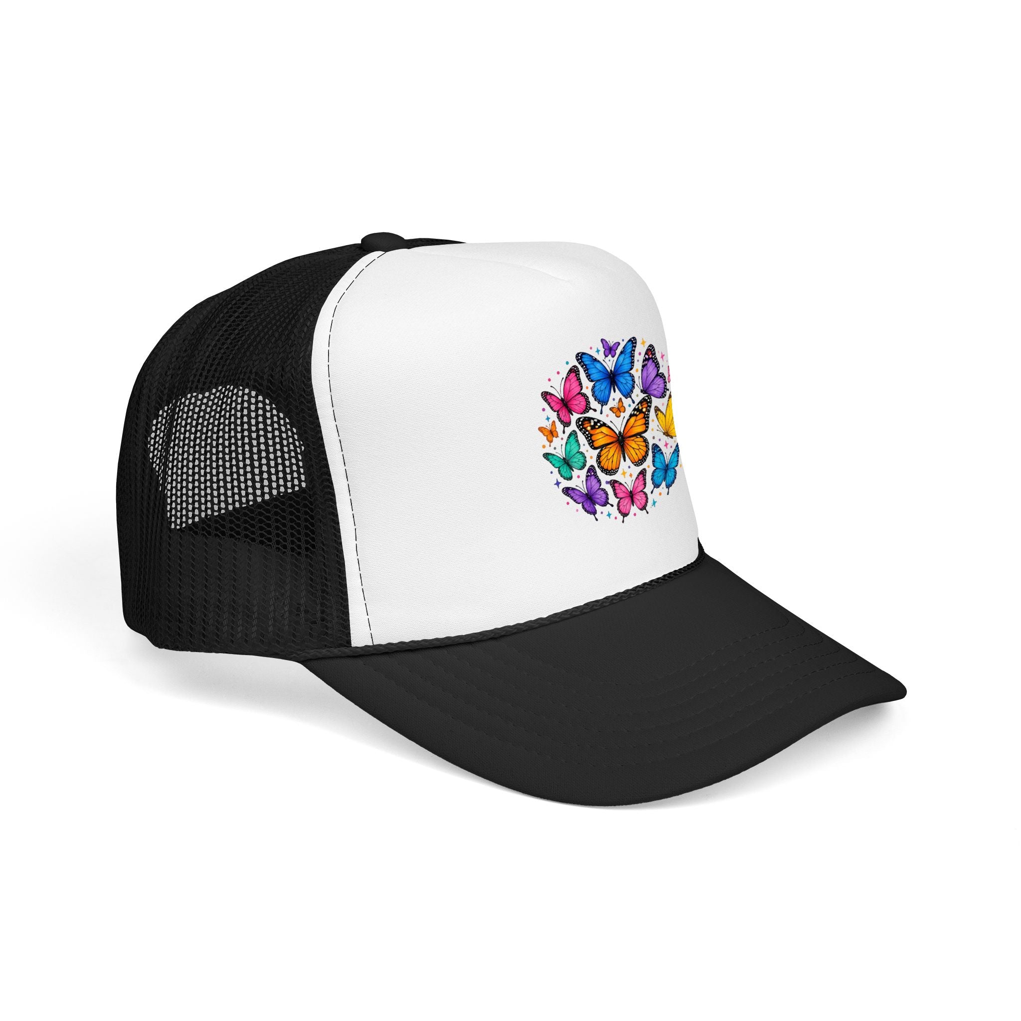 Butterfly Circle Trucker Hat featuring colorful rainbow butterflies on foam cap design